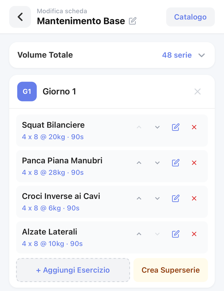 Editor scheda lato coach: esercizi con serie, carichi e recuperi, aggiunta esercizi e superserie