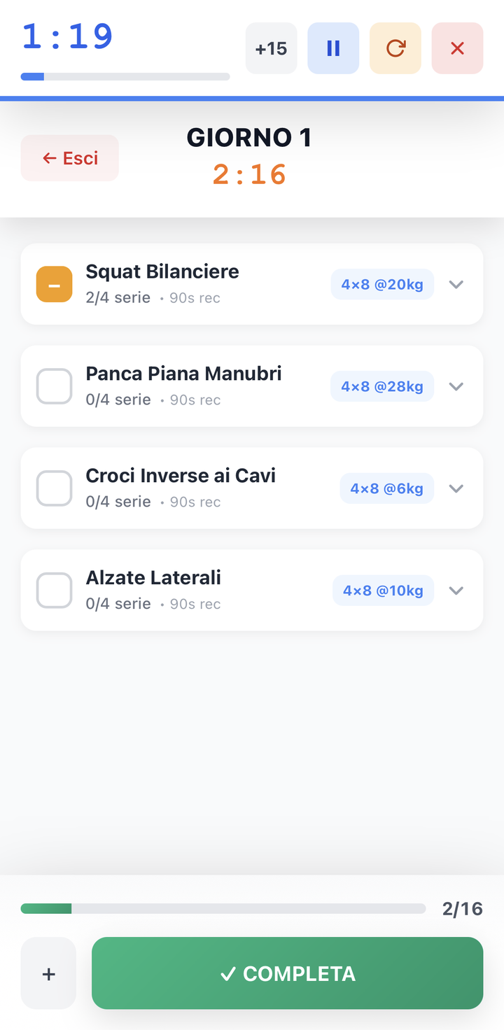 Esecuzione di una scheda in Uptra: serie completate, carichi prescritti e timer di recupero attivo