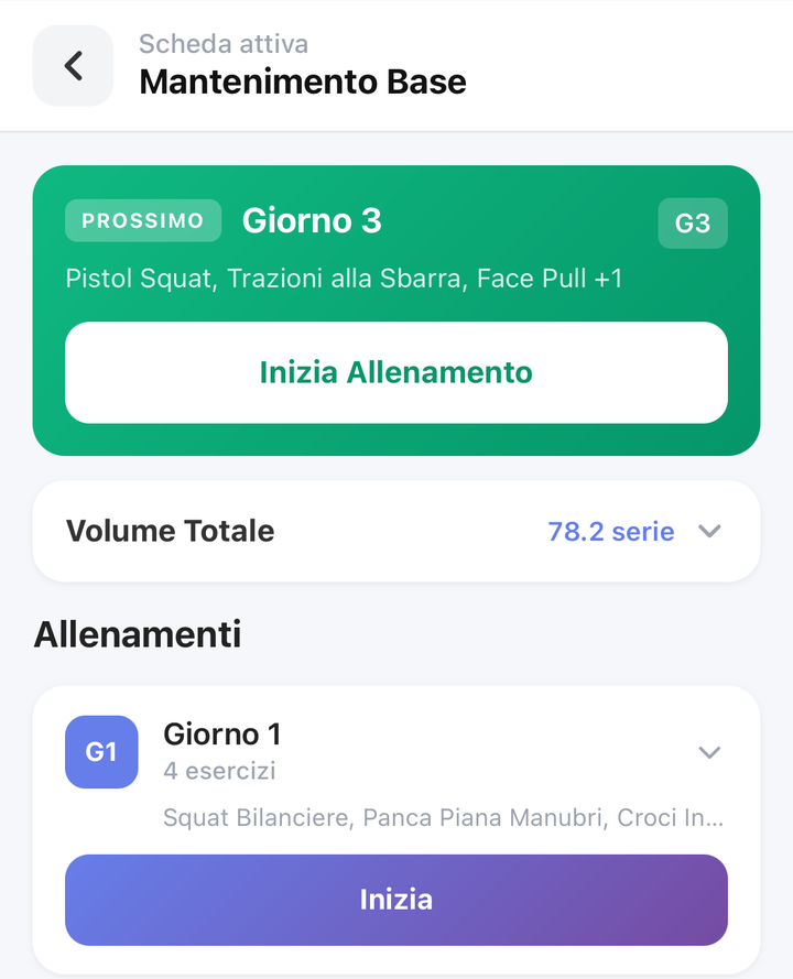 Lato atleta: la scheda assegnata con i giorni di allenamento pronti da avviare